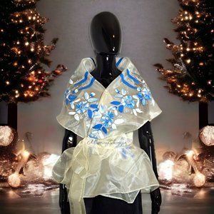 Beige/Blue-Modern Filipiniana Handpainted Wrap Alampay